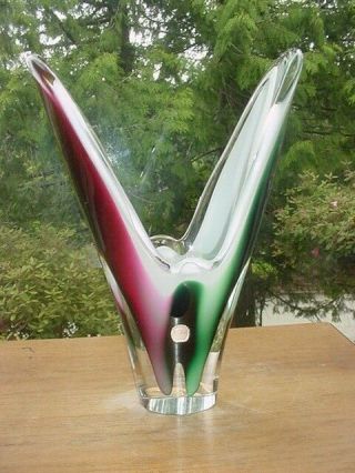 Large Flygsfors Mid Century Modern Glass Vase Paul Kedelv Coquille