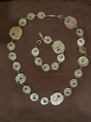 Vintage Pauline Rader Roman Coin Revival Green Malachite Necklace Bracelet Set