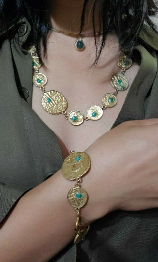 Vintage Pauline Rader Roman Coin Revival Green Malachite Necklace Bracelet Set 2
