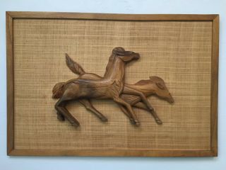 Vintage Mid Century Carved Teak Wall Art 3d Horses Witco Style 37 " X 25 "