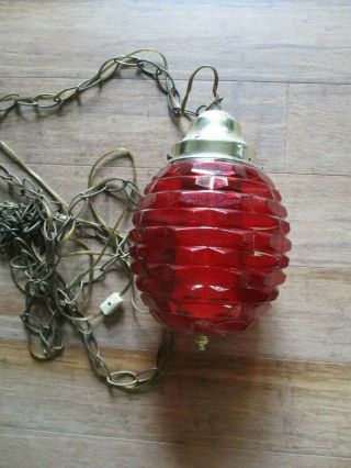 Vintage Retro Mid Century Modern Red Glass Hanging Swag Lamp Light W/ Chain