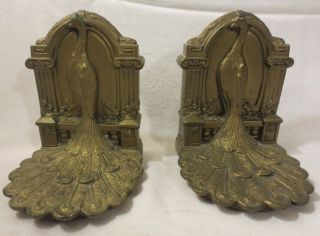 Classic Art Deco Peacock Bookends Model 501 In Gold Tone Metal