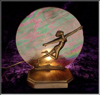 Vtg Art Deco Style Nude Flying Lady Lamp W/ Iridescent Disc Glass Shade
