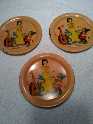 Set Of 3 Vintage 1937 Walt Disney Snow White & Seven Dwarfs Tin Metal Plates
