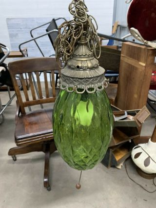Vintage Mid Century Glass Brass Hanging Pendant Light Swag Lamp Chandelier