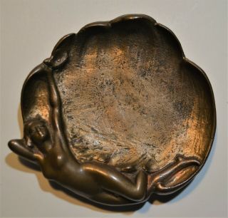 Art Nouveau Bronze International Metal Polish Pin Key Card Ashtray Nude Lady