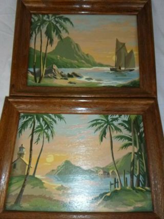 Pr Vtg 1969 Paint By Number Paintings Tropical Bay Craft Master Framed Pbn