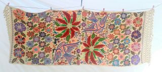 Vtg 70s Mexican Embroidered Wall Hanging Table Runner Bright Hand - Made Tapestry