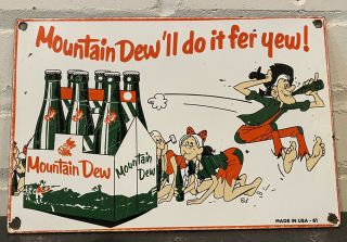 Vintage Mountain Dew Porcelain Sign Soda Pop Advertising Coke Coca Pepsi Cola