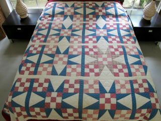Large Vintage Hand Quilted All Cotton Bridal Path Nine Patch Star Quilt; 90 " Sq