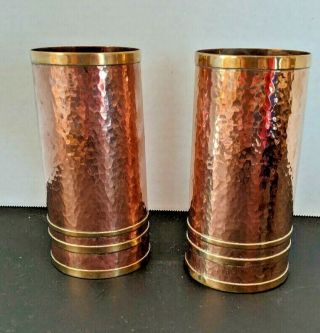 Pair Antique Arts & Crafts Mission Style Hand Hammered Copper Vases Brass Accent