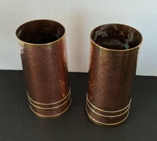 Pair Antique Arts & Crafts Mission style Hand Hammered Copper Vases Brass accent 2