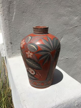Vintage Tonala Vase Red With Grey Floral