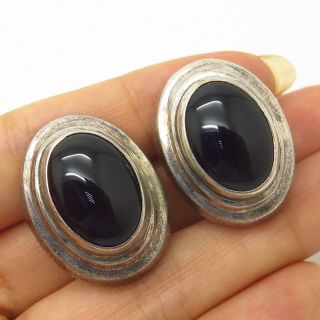Vtg Mexico 925 Sterling Silver Real Black Onyx Gemstone Clip On Earrings