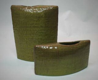 Mid Century Green Burlap Textured Pottery Large And Small Vase Set