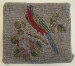 Antique Beaded Needlepoint Panel - For Purse Or Pillow? 7 " X 8 " Bird Flowers Vtg