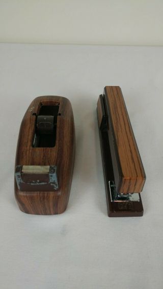 Vintage Mid Century Wood Grain Swingline Stapler And Tape Dispenser Desk Set