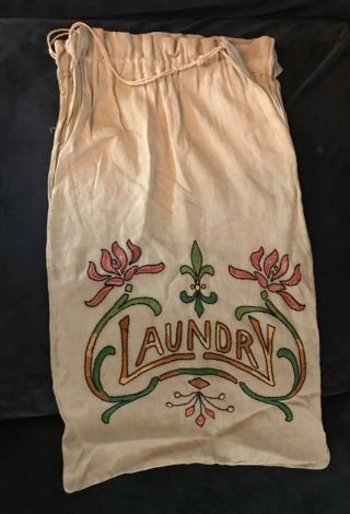 Arts And Crafts Mission Era Linen Embroidery Laundry Bag Antique 1920 Era