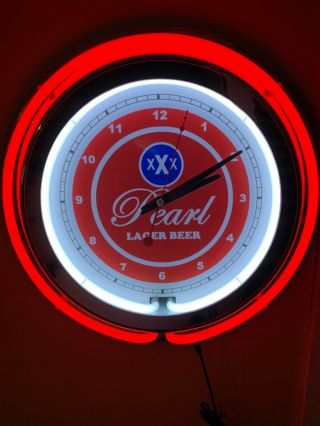 Pearl Lager Texas Beer Bar Man Cave Advertising Red Neon Clock Sign