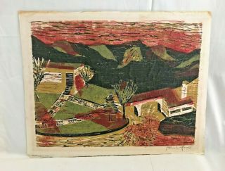 Orig.  Mid Century C1950s Signed Blanche Multi Color Woodblock Print