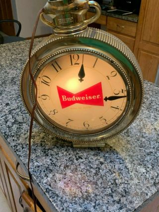 1958 Vintage Budweiser Lighted Bar Clock Pocket Watch Style