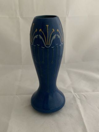 Mcm Mid Century Modern Ceramic Bud Vase Blue Yellow Raised Motif Vintage 9in