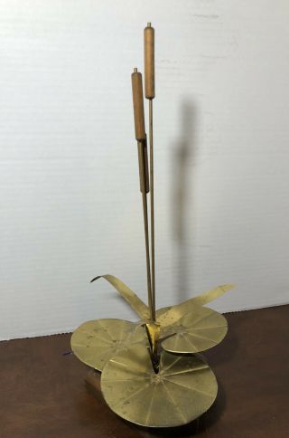 Vintage Mcm Mid Century Cattail On Lily Pads Brass On Wood Brutalist Metal Art