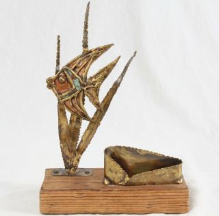 Brutalist Mid Century Modern Brass Fish Sculpture Business Card Holder Vintage