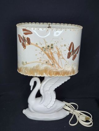 Van Briggle Swan Table Lamp 15 " Tall With Butterfly Shade Vintage