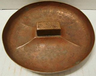 Antique Signed Arts Crafts Mission Hammered Copper Ashtray W/ Matchbox Holder