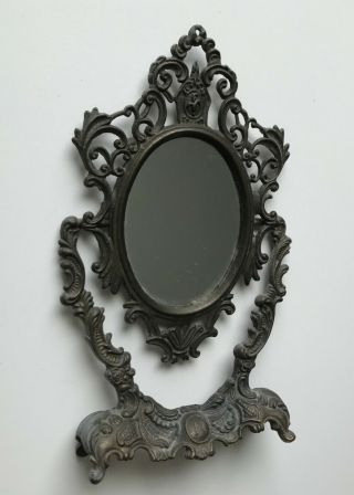 Vintage Antique Old Brass Bronze Ornate Art Nouveau Small Vanity Swivel Mirror