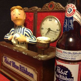 Rare Vintage Pbr Pabst Blue Ribbon Beer Bartender Metal Bar Light Up Clock Sign