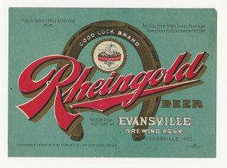 Pre Prohibition Evansville Brg Assn Rheingold Beer Label In