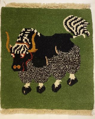Vintage Hand Woven Wool Tapestry Rug Mid Century Modern Wall Hanging Bull Yak