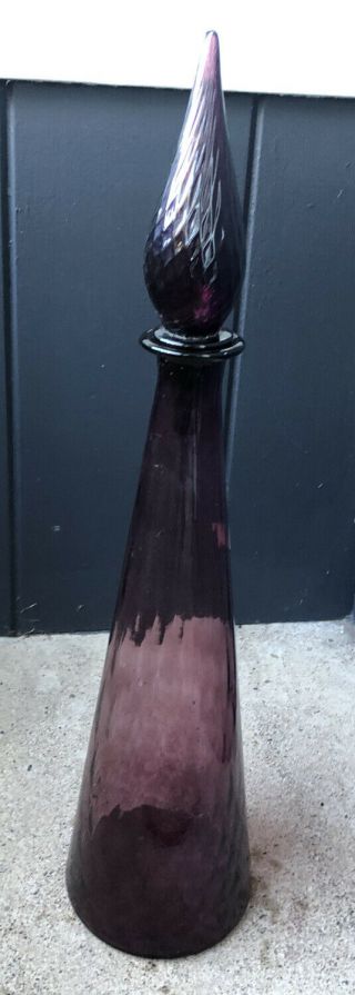 Mcm Mid Century Amethyst Purple Glass Tall 25” Decanter With Stopper