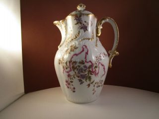Vintage M Redon Limoges France Coffee Hot Chocolate Pot Blue Flowers Pink Ribbon 2