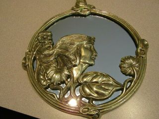 Vintage Art Nouveau Style Solid Brass Lady Face Floral Wall Mirror