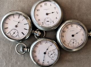 Four Vintage 18 Size Elgin Open Face Pocket Watches " Asis "
