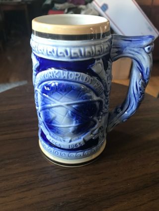 Vintage 1964 - 1965 York Worlds Fair Souvenir Beer Stein Mug Blue And White.