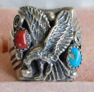 Vintage Old Pawn Navajo Turquoise Coral Eagle Ring Sterling Silver Size 10 1/4