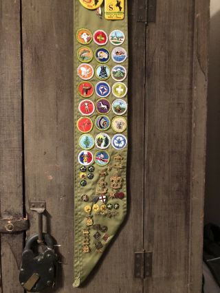 Vintage Boy Scout Merit Badge Sash,  Pins And Badges