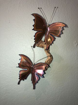 Vintage Butterflies Brass On Drift Wood Brutalist Metal Art Sculpture Signed