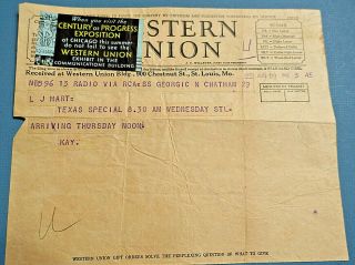 1933 Western Union Telegram From Ss Georgic W/century Of Progress Ad Sticker