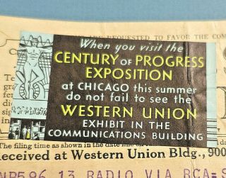 1933 Western Union TELEGRAM from SS GEORGIC w/Century of Progress AD STICKER 2