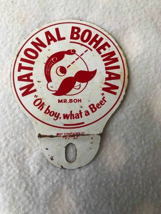 Old Painted Tin National Bohemian Beer Auto License Plate Topper Mr.  Boh Mascot