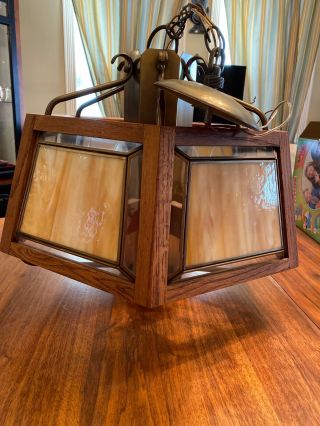 Vintage Brass,  Slag And Clear Glass,  & Wood Hanging 6 Light Chandelier 6 Sided
