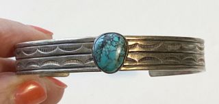 Vintage Navajo Stamped Sterling Silver Turquoise Cuff Bracelet 2