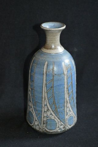 Mid Century Modern Carved Blue Gray Art Pottery Vase 7.  5 " Tall Abstract Carving