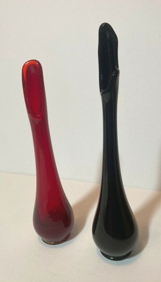 Set Of 2 Vintage Mid Century Modern Art Glass Swung Red & Black Vase 10 "