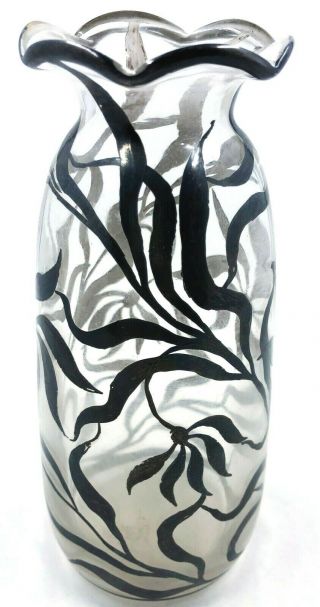 Vintage Mid Century Clear Art Glass Vase Silver Flower & Leaves Overlay 6.  5 "